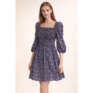 Maje Rappa Dress Large FR 40 Pensees Mari Linen Smocked Mini Square Neck Pockets